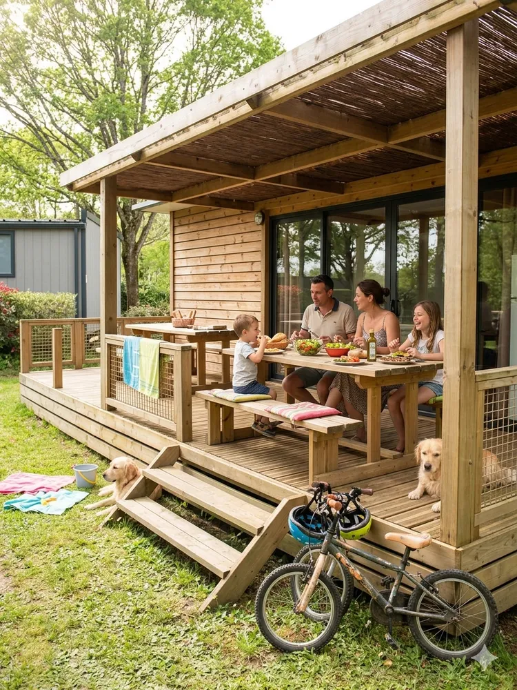 famille qui déjeune à la terrasse de son mobil-home en Vendée