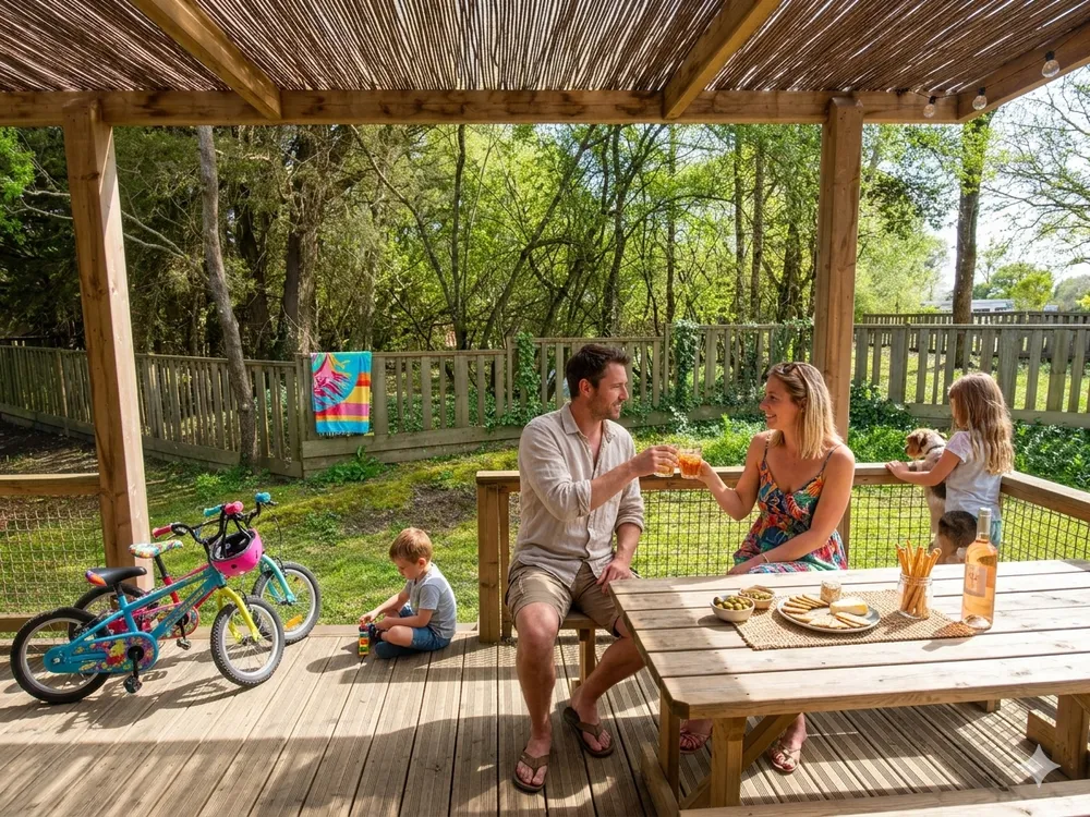 déjeuner en famille au camping à Saint Gervais au milieu de la verdure